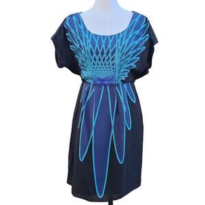 100% Silk Dress Tibi New York Size 4 Black Blue Feather Print Short Sleeves